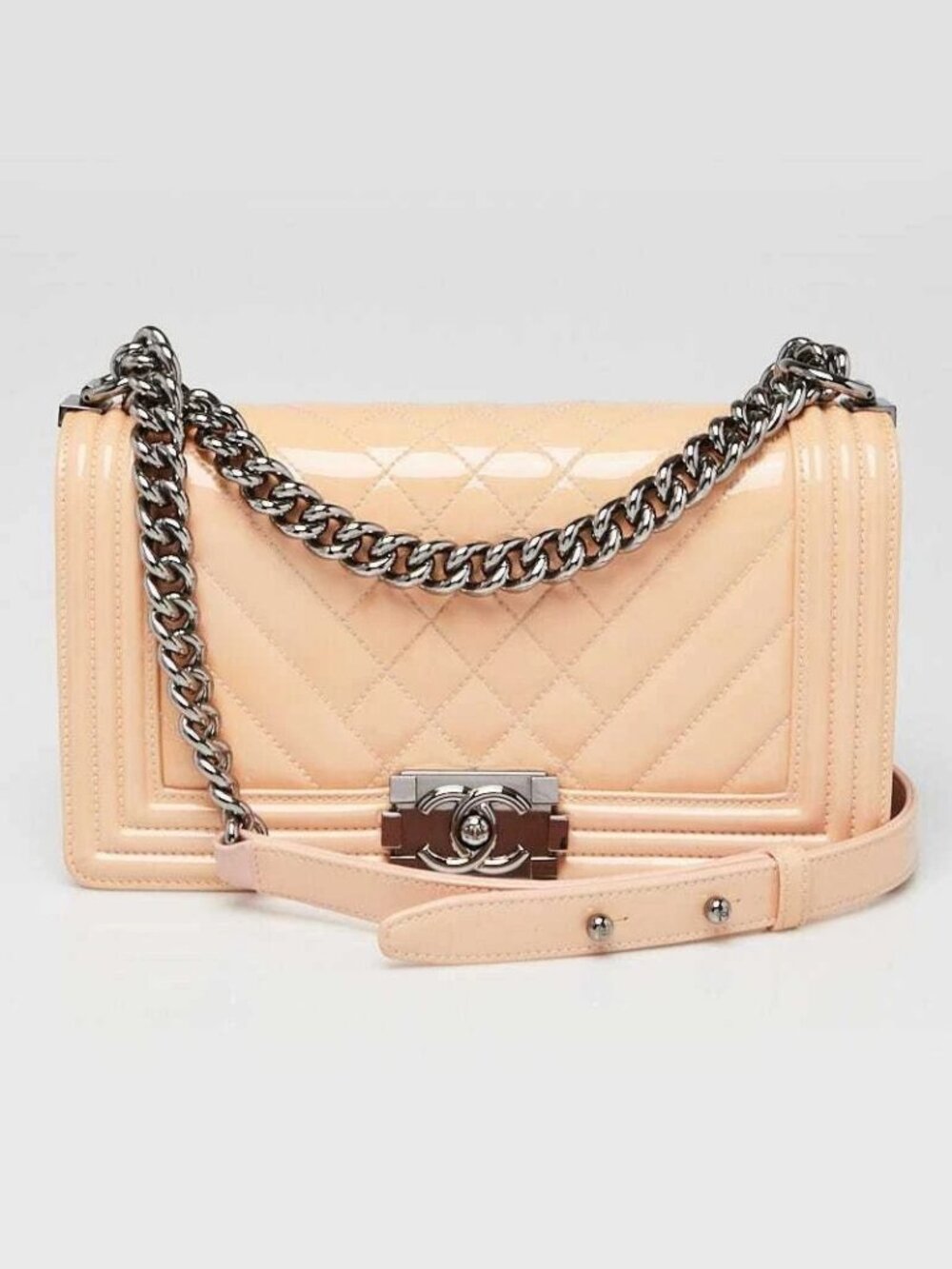Chanel Beige Quilted Patent Leather Medium Boy Bag
